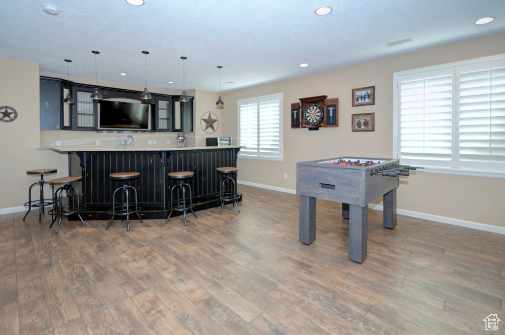 Rec room with indoor bar and dark hardwood / wood-style floors