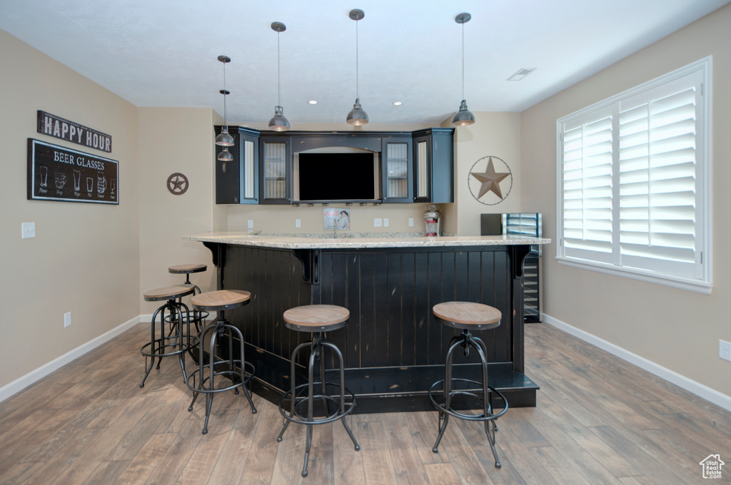 Bar featuring pendant lighting and dark wood-type flooring