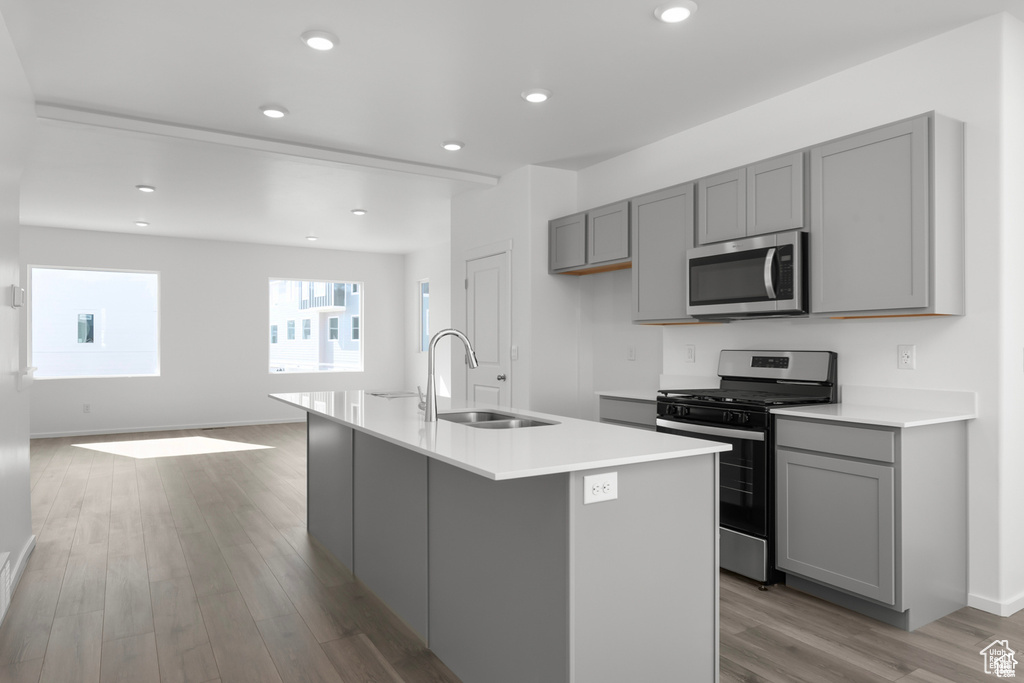 Kitchen featuring appliances with stainless steel finishes, gray cabinetry, light hardwood / wood-style floors, sink, and a center island with sink