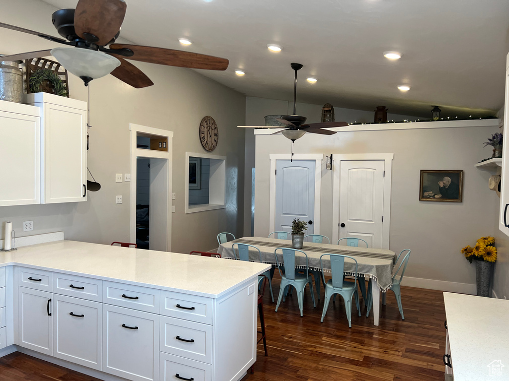 Kitchen featuring white cabinets, ceiling fan, and dark hardwood / wood-style flooring