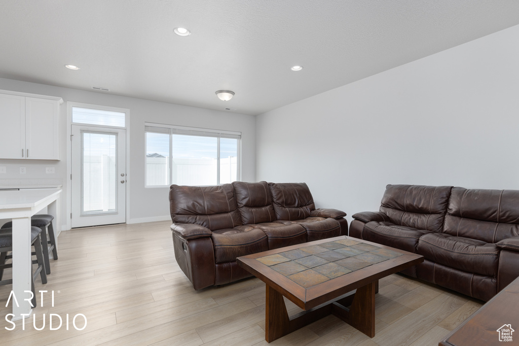 Living room with light hardwood / wood-style floors