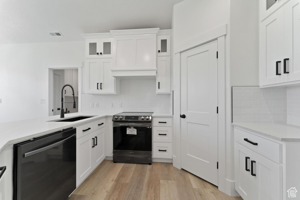 Kitchen featuring light hardwood / wood-style flooring, range with electric stovetop, black dishwasher, and backsplash