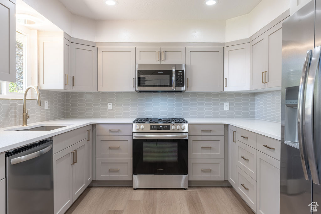 Kitchen with sink, light hardwood / wood-style floors, stainless steel appliances, and backsplash