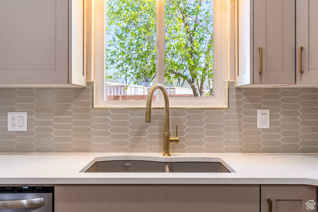 Room details featuring sink, dishwasher, and backsplash
