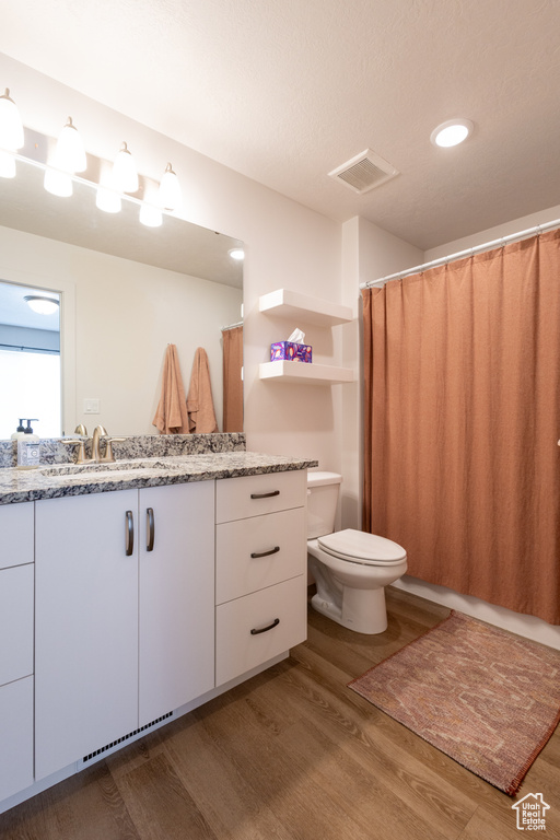 Bathroom featuring a textured ceiling, toilet, hardwood / wood-style floors, and vanity