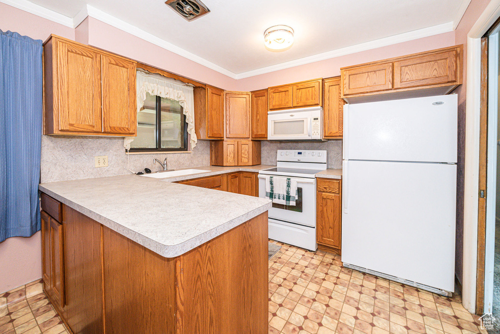 Kitchen with tasteful backsplash, light tile floors, sink, white appliances, and ornamental molding