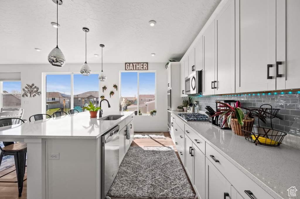 Kitchen featuring hanging light fixtures, stainless steel appliances, a kitchen island with sink, and a wealth of natural light