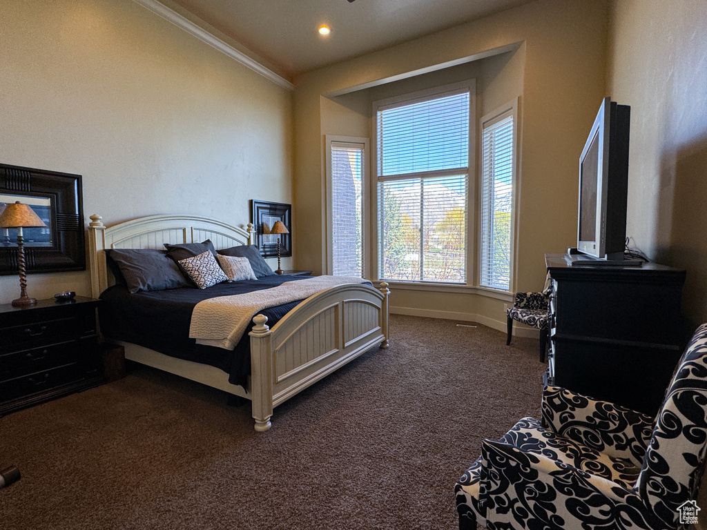 Bedroom with dark colored carpet and crown molding
