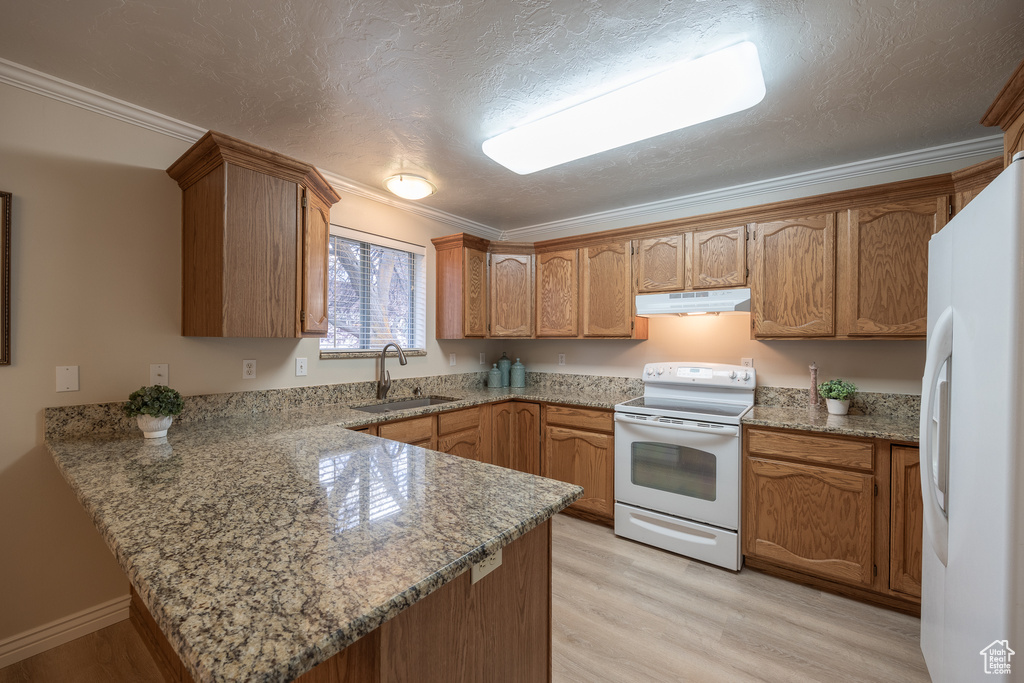 Kitchen with white appliances, light hardwood / wood-style floors, sink, kitchen peninsula, and ornamental molding