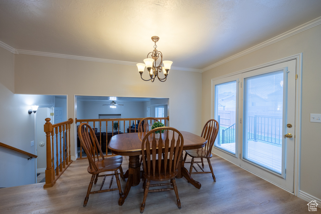 Dining area featuring crown molding, ceiling fan with notable chandelier, and hardwood / wood-style floors
