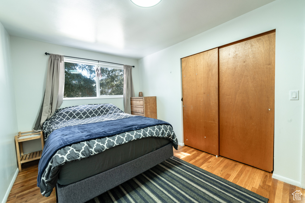 Bedroom featuring light hardwood / wood-style flooring and a closet