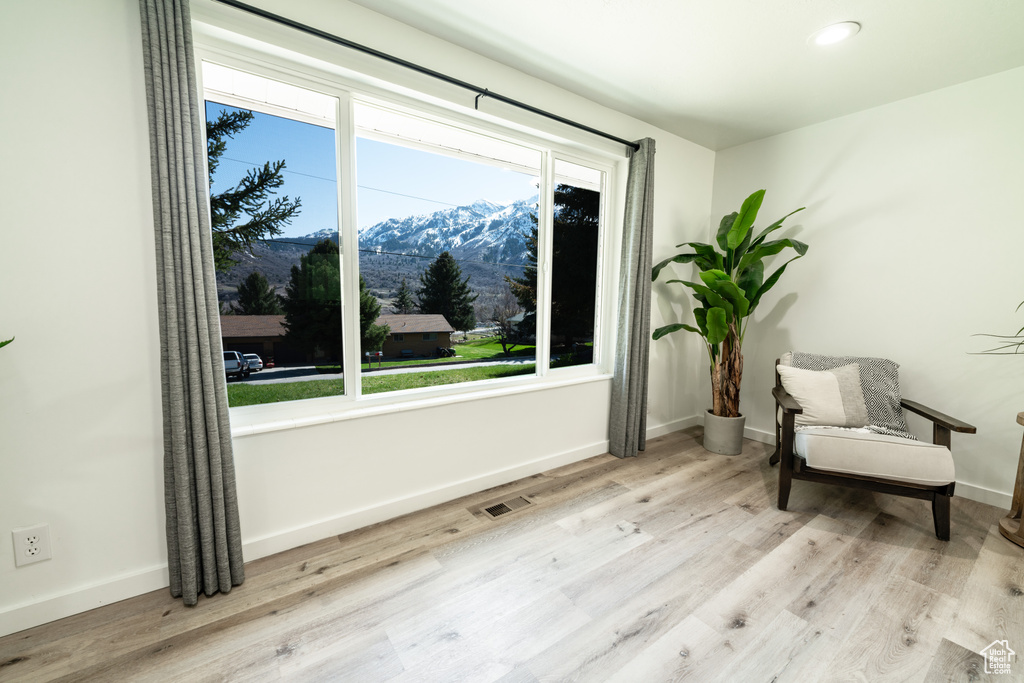 Living area featuring light hardwood / wood-style flooring, a wealth of natural light, and a mountain view