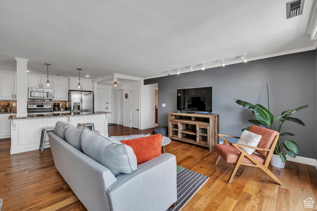 Living room featuring rail lighting, ornamental molding, and hardwood / wood-style flooring