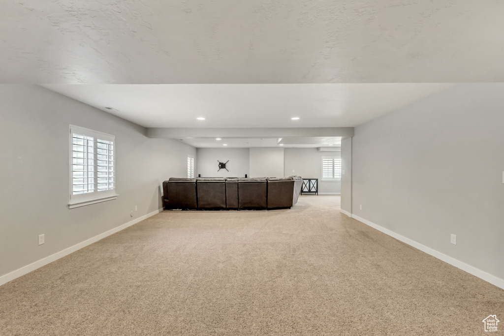 Unfurnished living room featuring light colored carpet and a healthy amount of sunlight