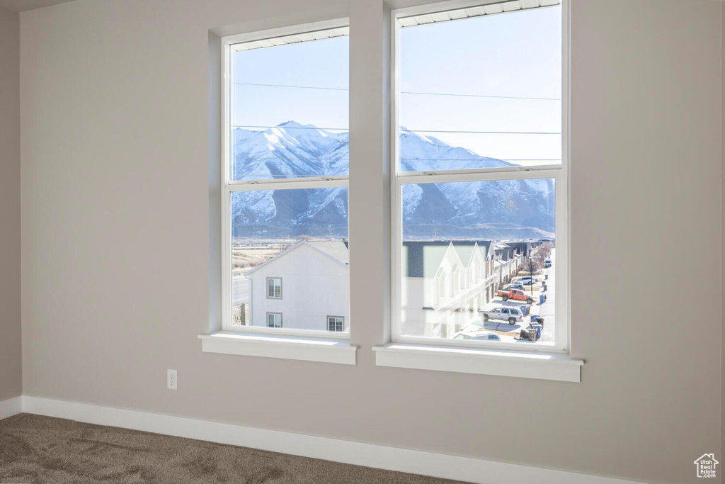 Room details featuring carpet flooring and a mountain view