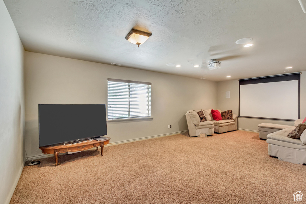 Home theater featuring a textured ceiling and light colored carpet