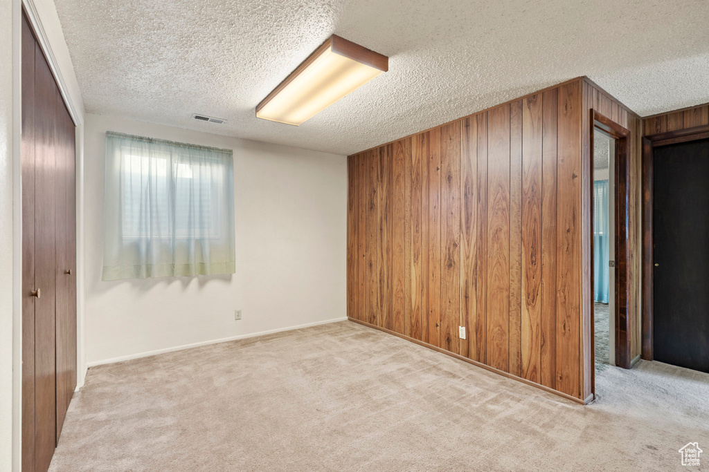 Unfurnished room with wooden walls, light colored carpet, and a textured ceiling
