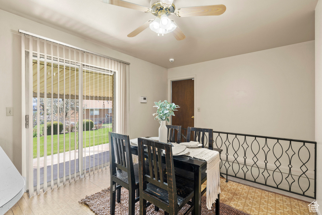 Dining space with ceiling fan