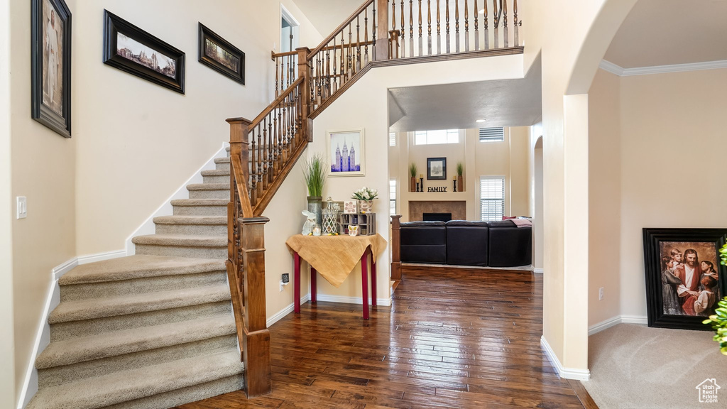 Foyer entrance featuring ornamental molding, dark wood-type flooring, and a high ceiling
