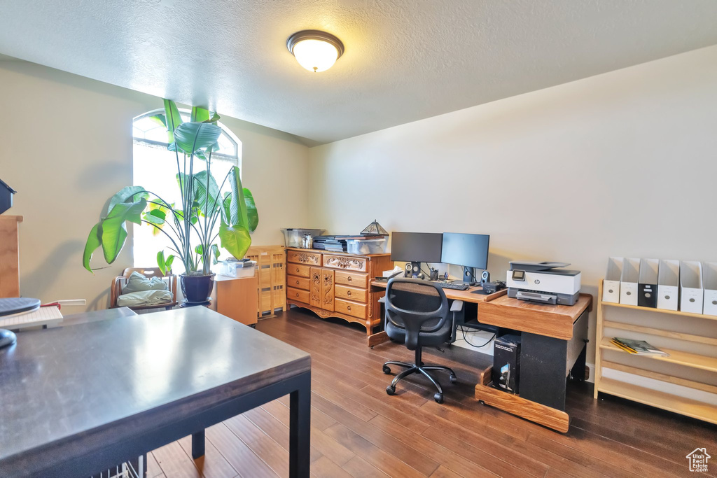 Office featuring dark hardwood / wood-style floors and a textured ceiling