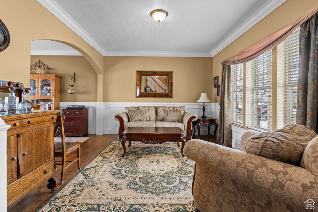 Living area featuring dark hardwood / wood-style floors and ornamental molding