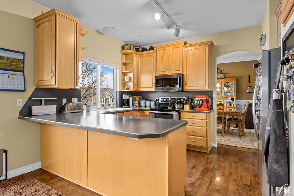 Kitchen featuring dark hardwood / wood-style floors, rail lighting, stainless steel appliances, and sink