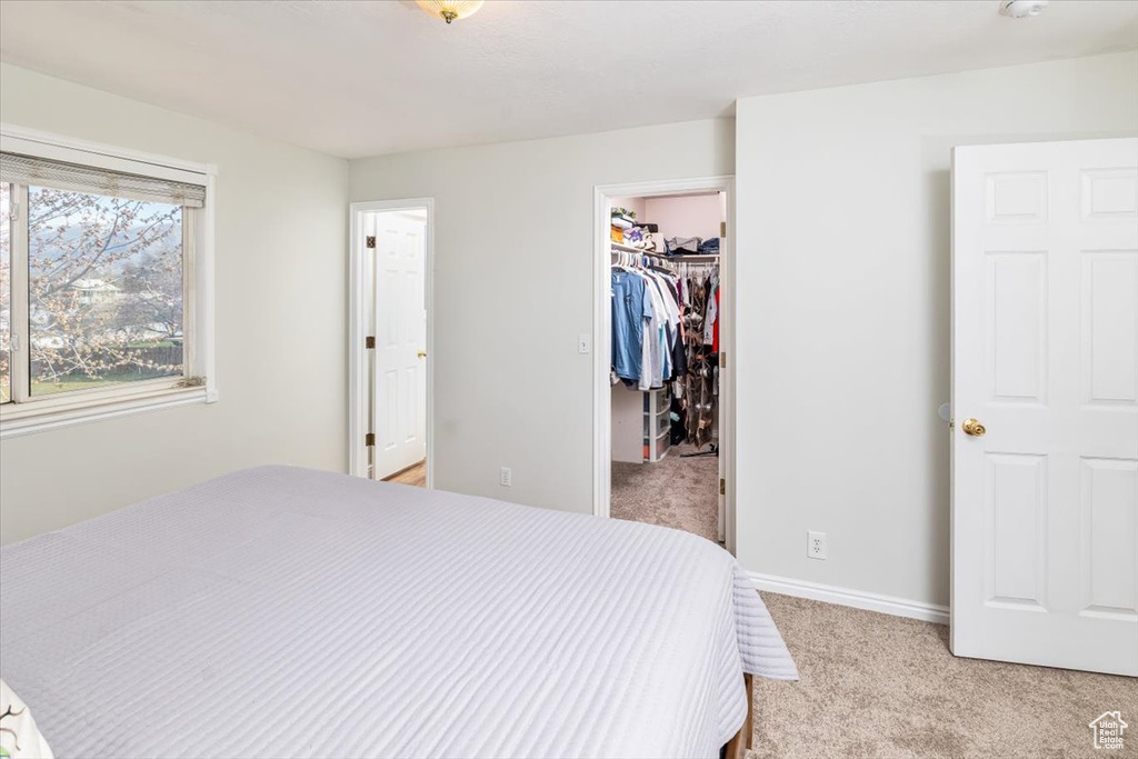 Bedroom with a spacious closet, light carpet, and a closet