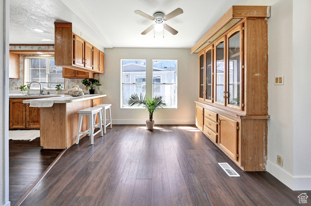 Kitchen with ceiling fan, backsplash, a kitchen breakfast bar, sink, and dark hardwood / wood-style flooring