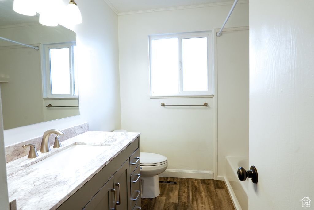 Full bathroom with plenty of natural light, toilet, vanity, and tub / shower combination