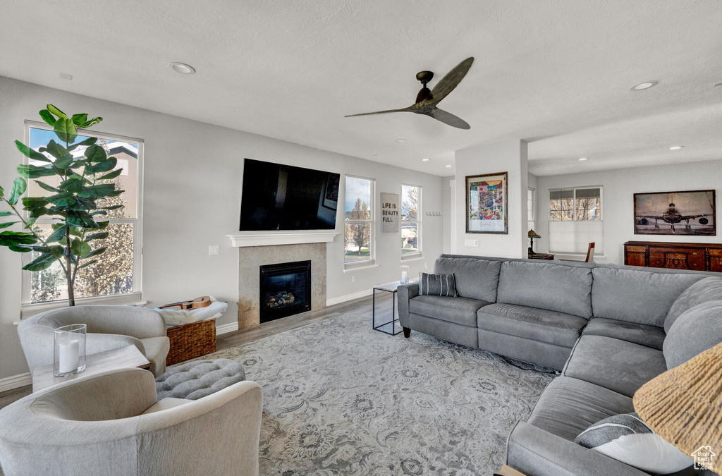 Living room featuring plenty of natural light, light hardwood / wood-style flooring, and ceiling fan