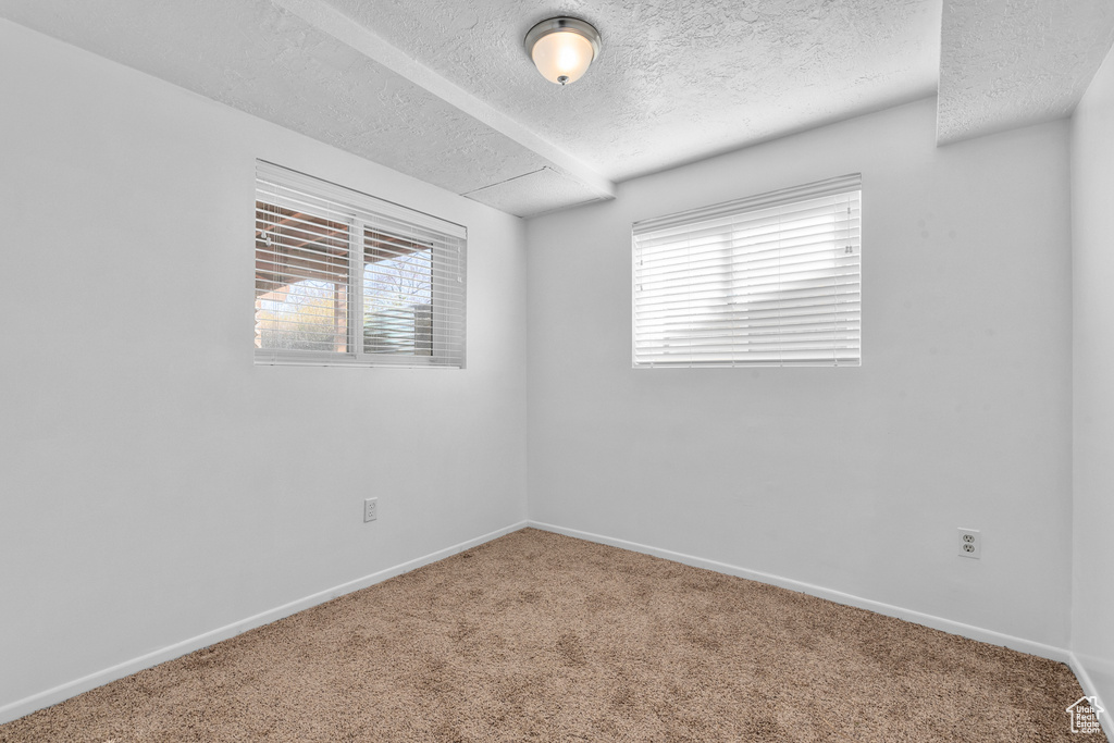 Carpeted spare room featuring plenty of natural light and a textured ceiling