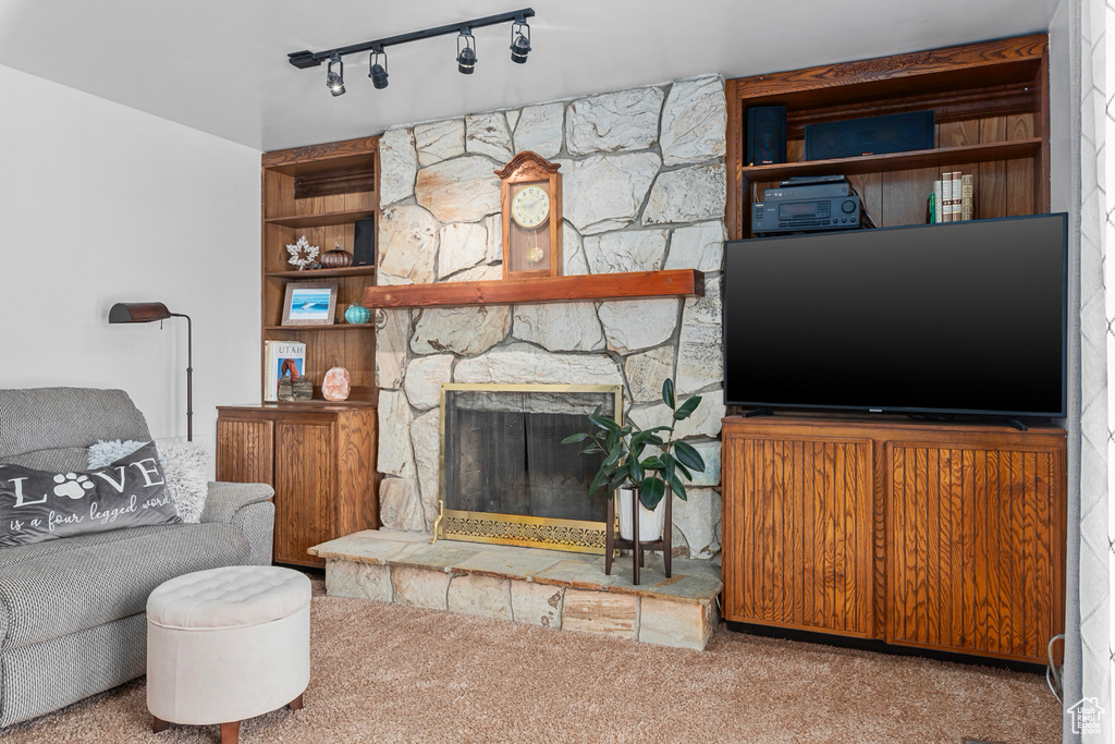 Living room with built in shelves, light colored carpet, rail lighting, and a stone fireplace