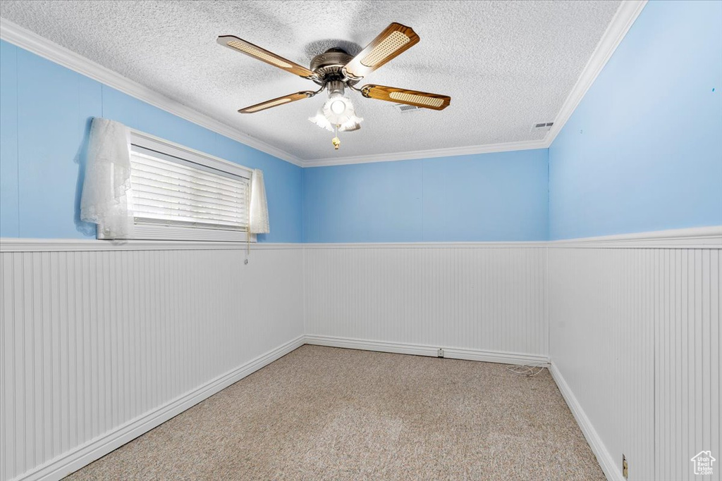 Carpeted spare room with ceiling fan, a textured ceiling, and ornamental molding