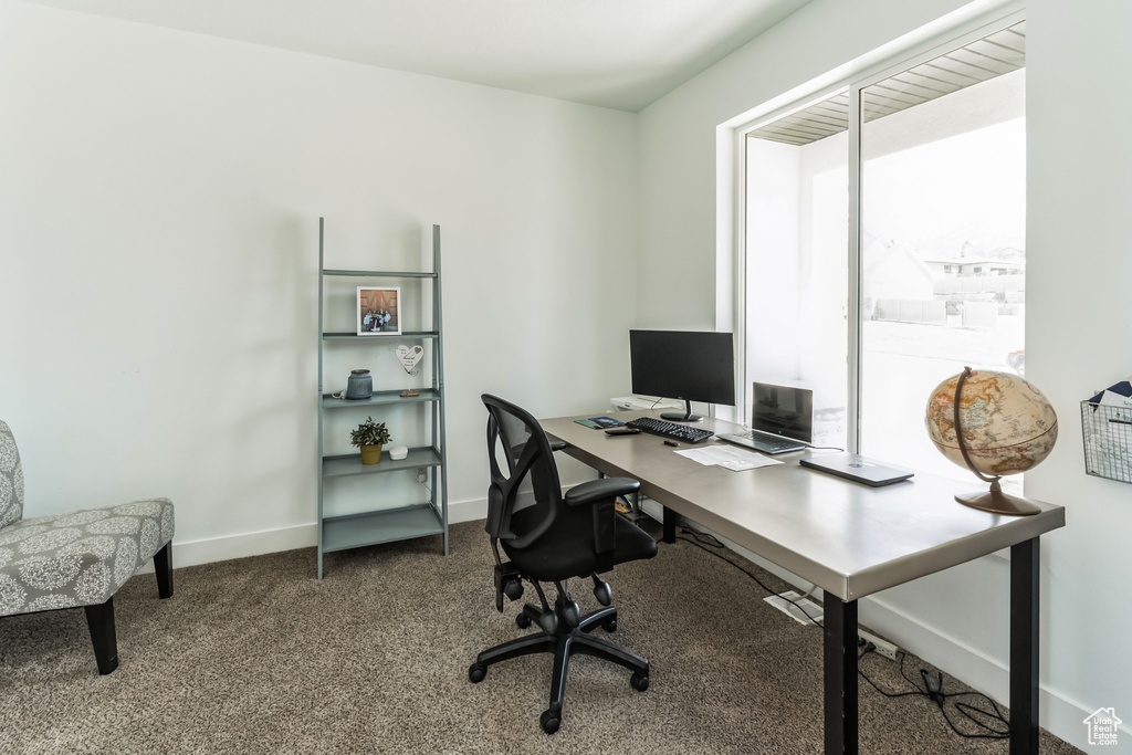 Home office featuring dark carpet