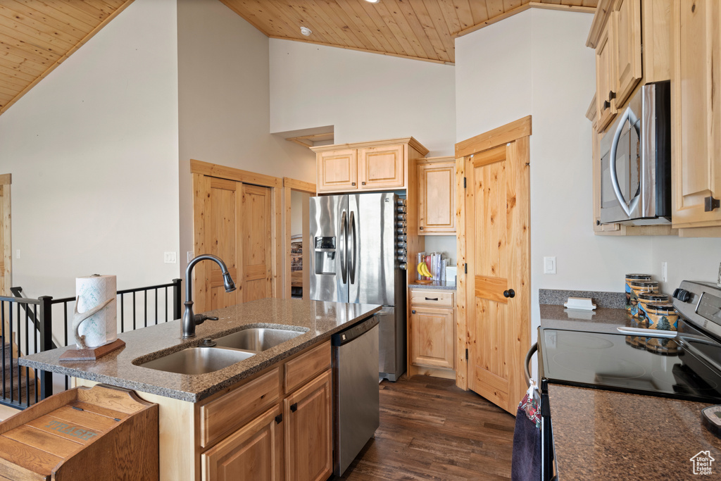 Kitchen featuring dark wood-type flooring, appliances with stainless steel finishes, sink, wooden ceiling, and high vaulted ceiling