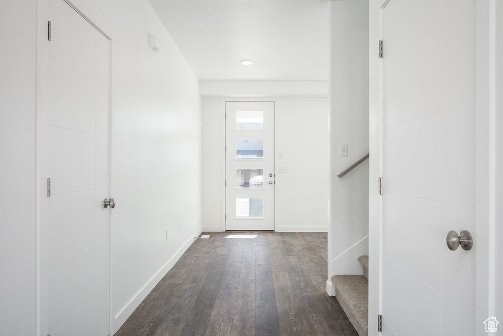 Foyer entrance with dark hardwood / wood-style floors