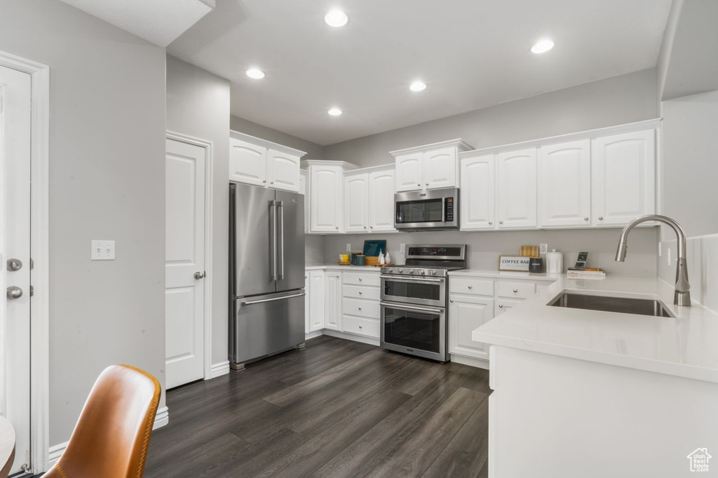 Kitchen featuring appliances with stainless steel finishes, sink, dark wood-type flooring, and white cabinetry