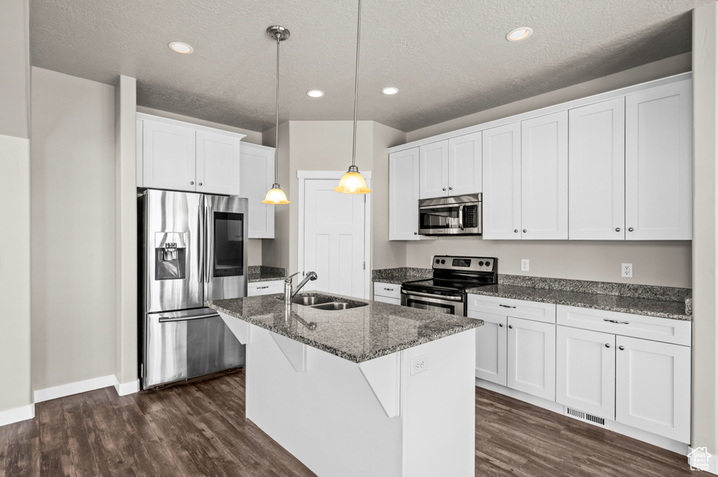 Kitchen with white cabinetry, dark hardwood / wood-style floors, stainless steel appliances, pendant lighting, and sink