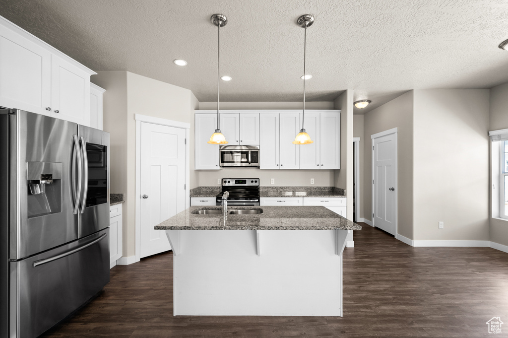 Kitchen featuring white cabinetry, dark wood-type flooring, stainless steel appliances, and pendant lighting