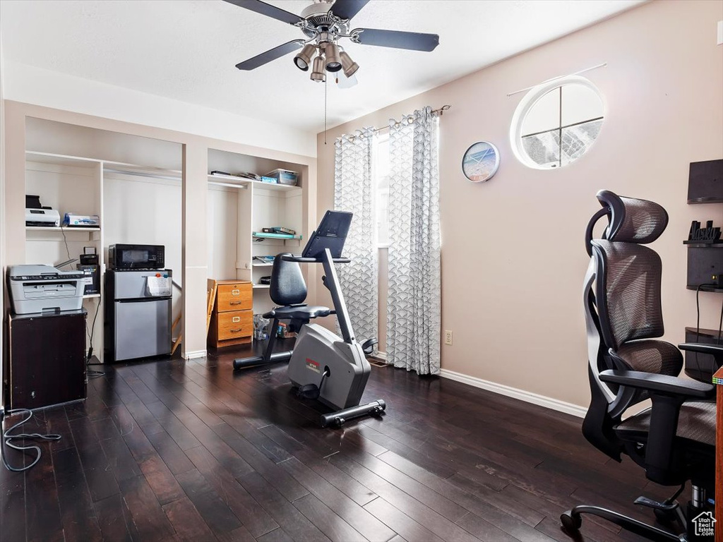 Workout room featuring ceiling fan and dark hardwood / wood-style floors