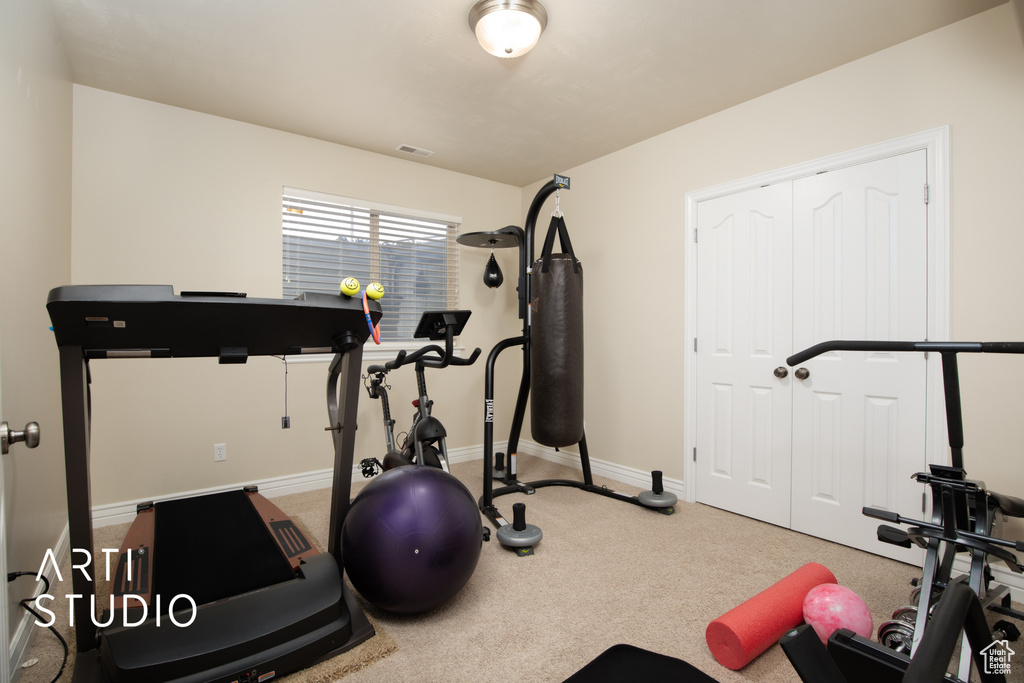 Workout room featuring light colored carpet