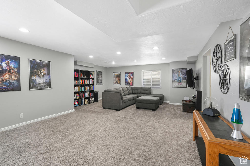 Living room featuring light colored carpet and a textured ceiling