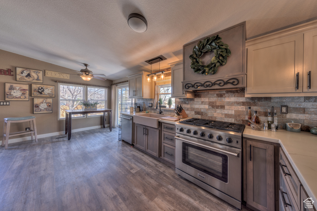 Kitchen featuring pendant lighting, dark hardwood / wood-style flooring, appliances with stainless steel finishes, sink, and ceiling fan