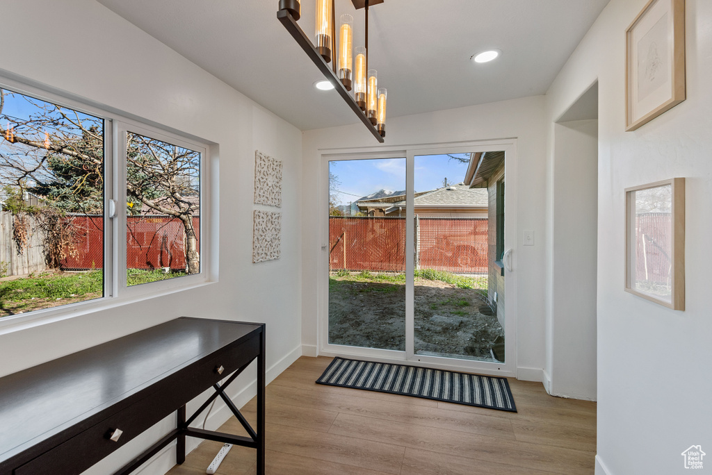 Doorway to outside featuring light hardwood / wood-style flooring and a wealth of natural light