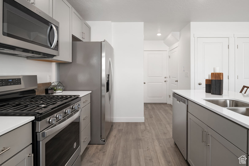 Kitchen featuring appliances with stainless steel finishes, gray cabinets, and light hardwood / wood-style flooring