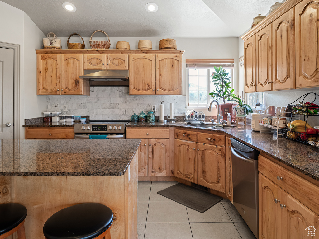 Kitchen with light tile flooring, tasteful backsplash, stainless steel appliances, dark stone countertops, and sink