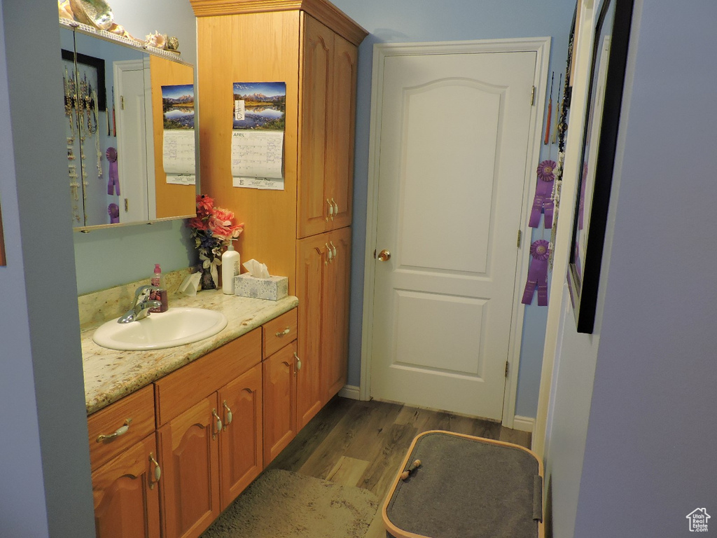 Bathroom featuring hardwood / wood-style flooring and large vanity