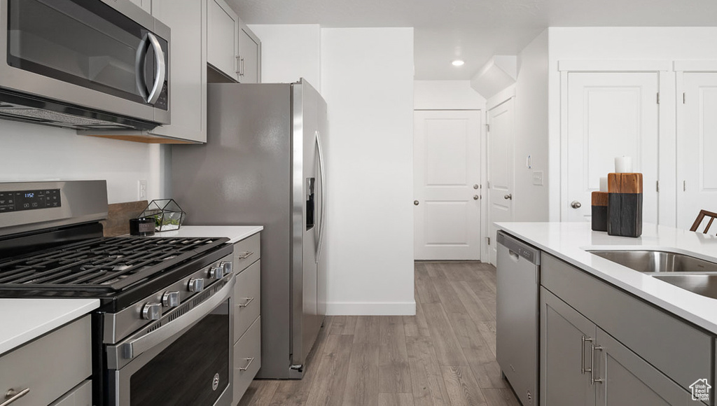 Kitchen with stainless steel appliances, gray cabinets, and light hardwood / wood-style floors