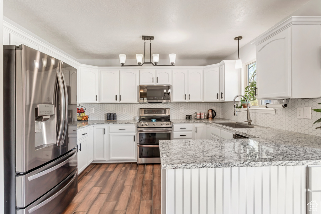 Kitchen featuring dark hardwood / wood-style flooring, stainless steel appliances, decorative light fixtures, and tasteful backsplash