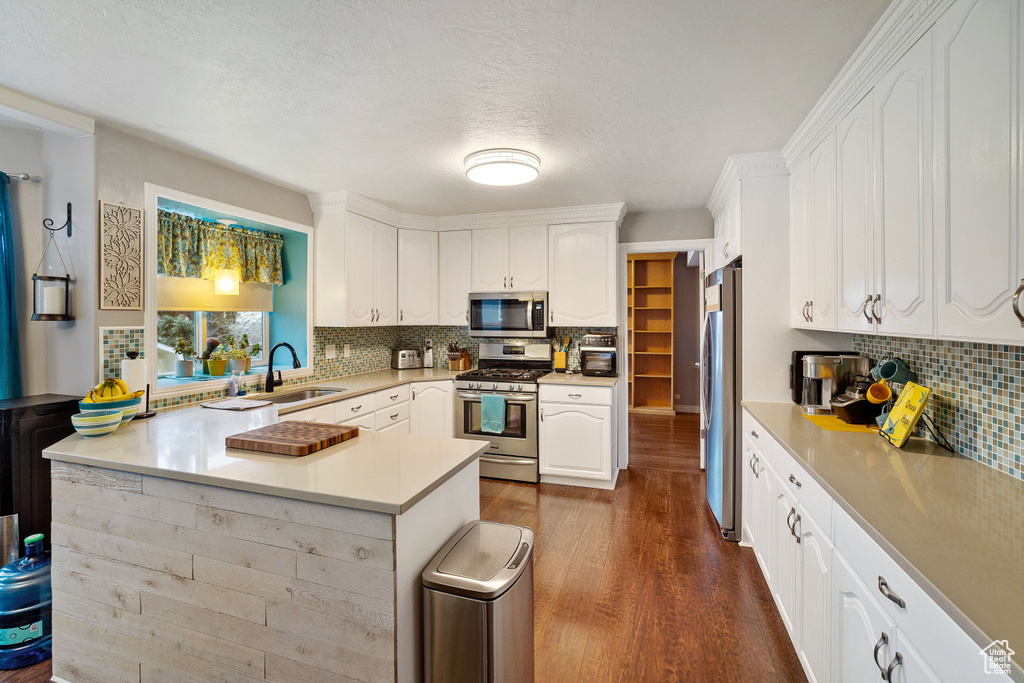 Kitchen with appliances with stainless steel finishes, white cabinets, dark hardwood / wood-style floors, and sink